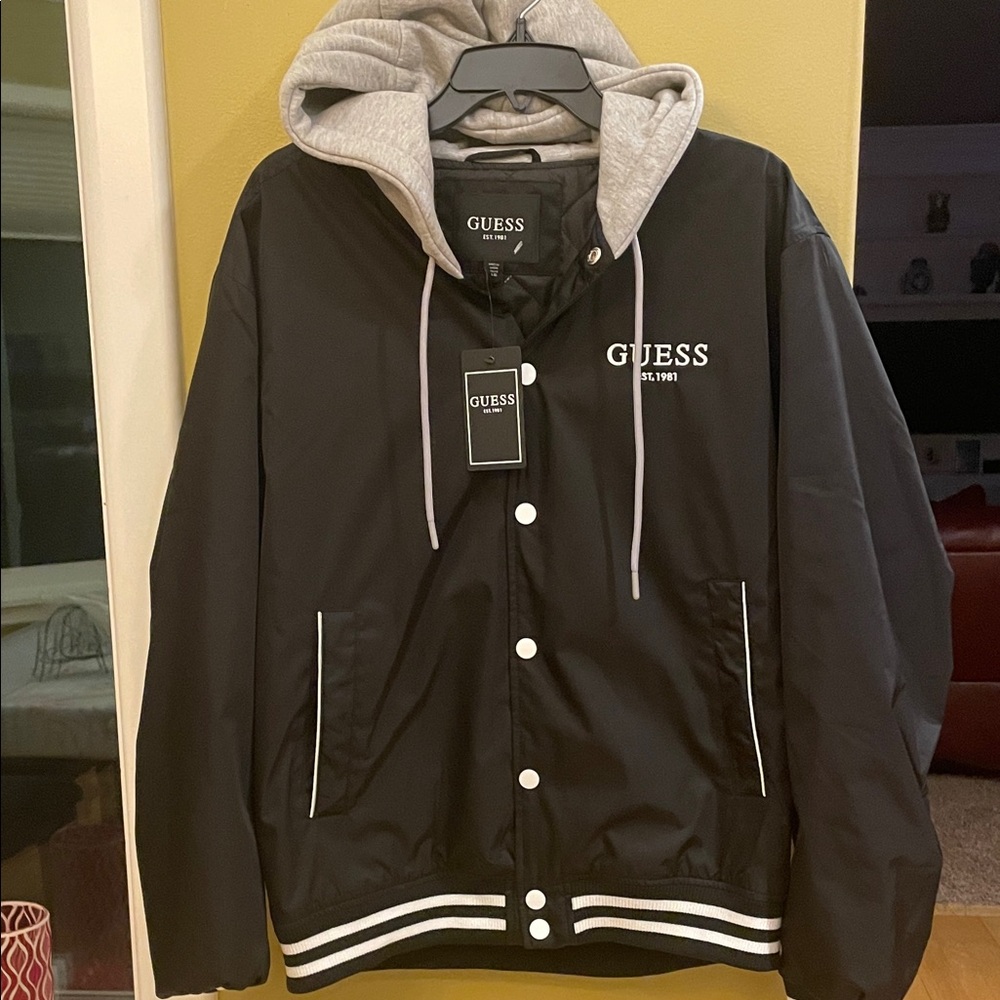 NWT GUESS Black Bomber Jacket with Gray Hood